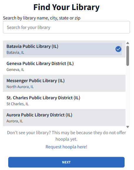 Find Your Library screen on hoopla