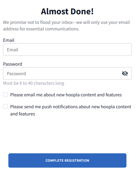 Email and password screen on hoopla