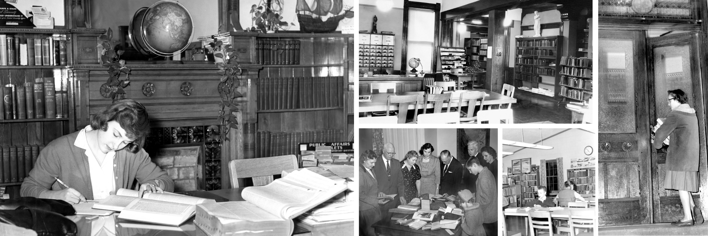 Collage of five historical black and white images of Batavia Public Library's early days