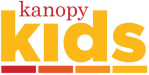 Kanopy Kids text logo. 'Kanopy' is in red, and 'kids' is in yellow. Red, orange, and yellow lines under the text.