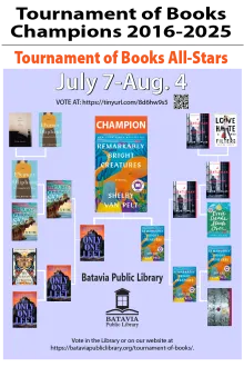 flyer for the Tournament of Books Champions 2016-2025: Tournament of All Stars July 7 - August 4 with various book covers