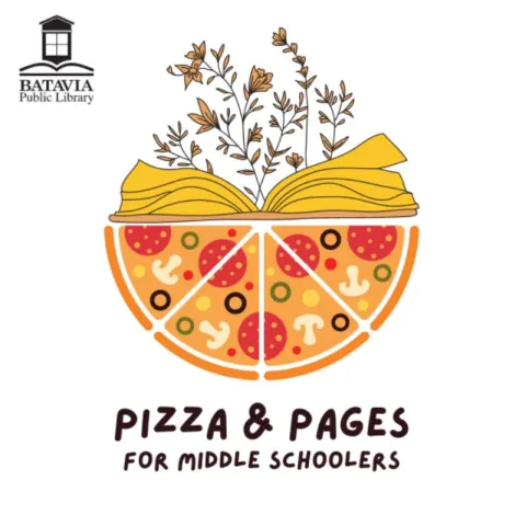 Bottom half a a pizza with an open book and flowers as the top half, and reading 'Pizza & Pages for Middle Schoolers'