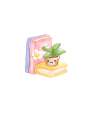 A happy plant sits atop a stack of books