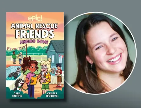 Cover of "Animal Rescue Friends: Finding Home" and headshot of Jana Tropper, author.