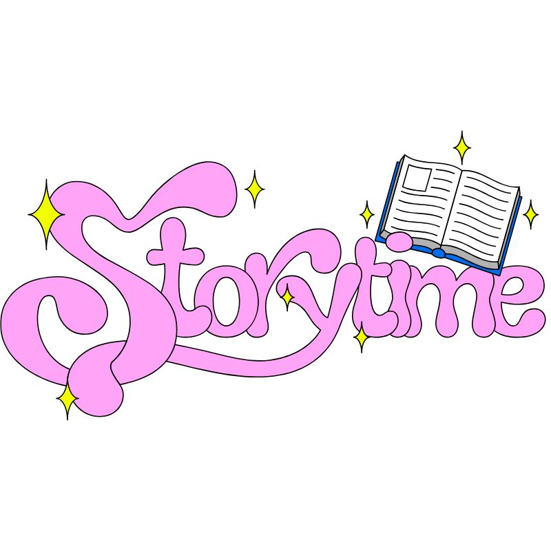 Storytime in pink bubble letters and an open book