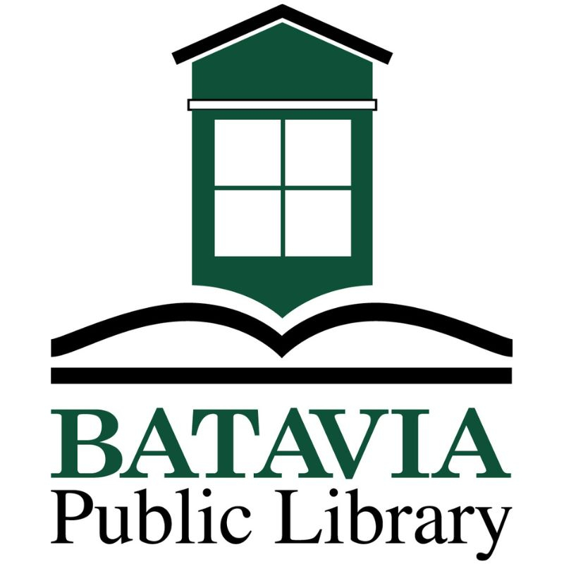 Window over an open book and text reading 'Batavia Public Library'
