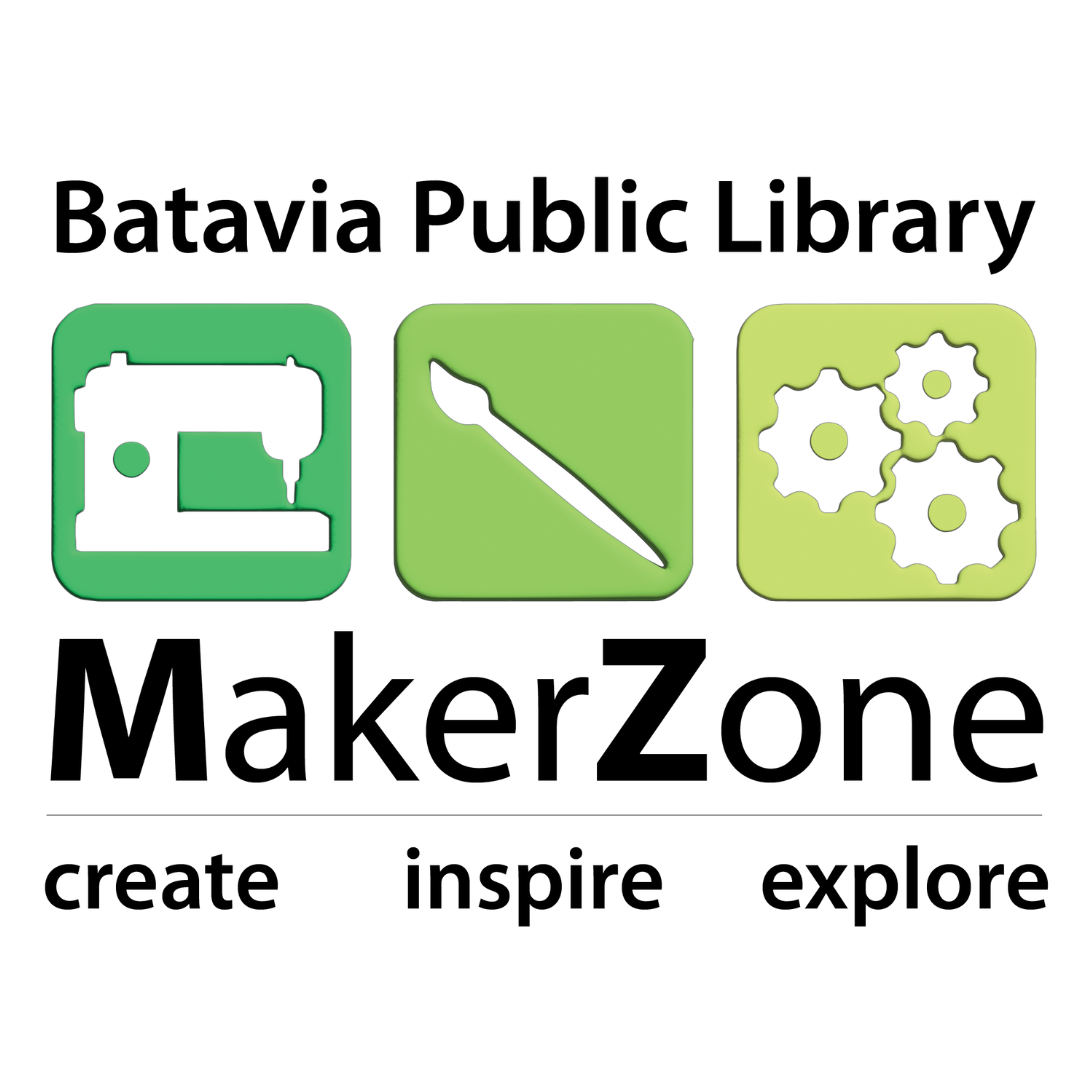 Batavia Public Library MakerZone Logo. "create, inspire, explore."