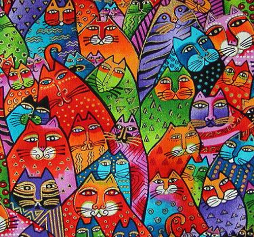 A multitude of colorful cats with crazy patterns and humanoid eyes. 