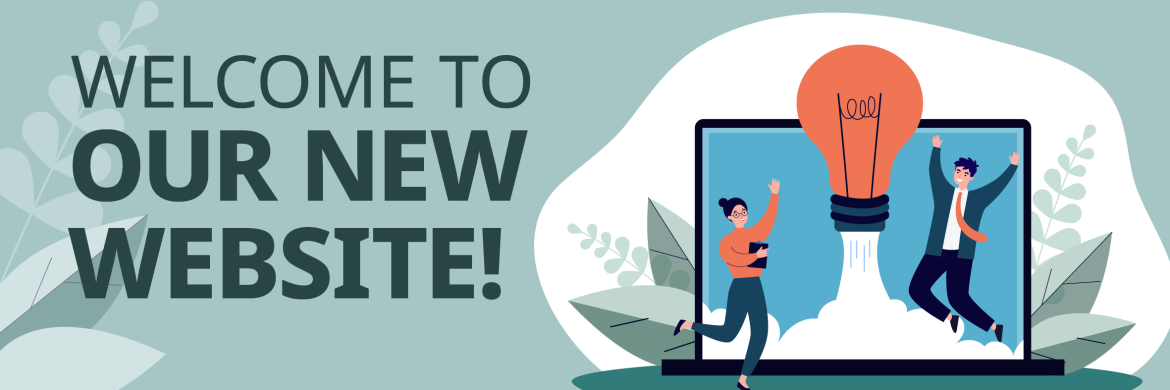 "Welcome to our new website!" banner with graphic of lightbulb/rocket launching from a laptop