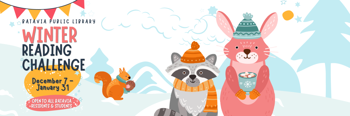 Batavia Public Library Winter Reading Challenge graphic with dates December 7–January 31. Open to all Batavia residents and students